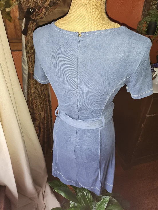 Scoop V-Neck Light Blue Belted Knit Dress - Picture 3 of 6
